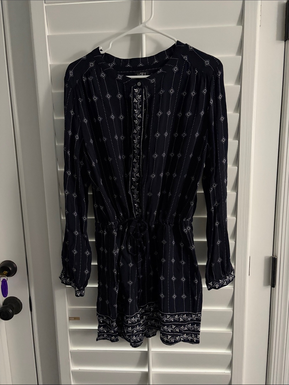 LOFT Navy Geometric Long-Sleeve Tie-Waist Shorts Romper